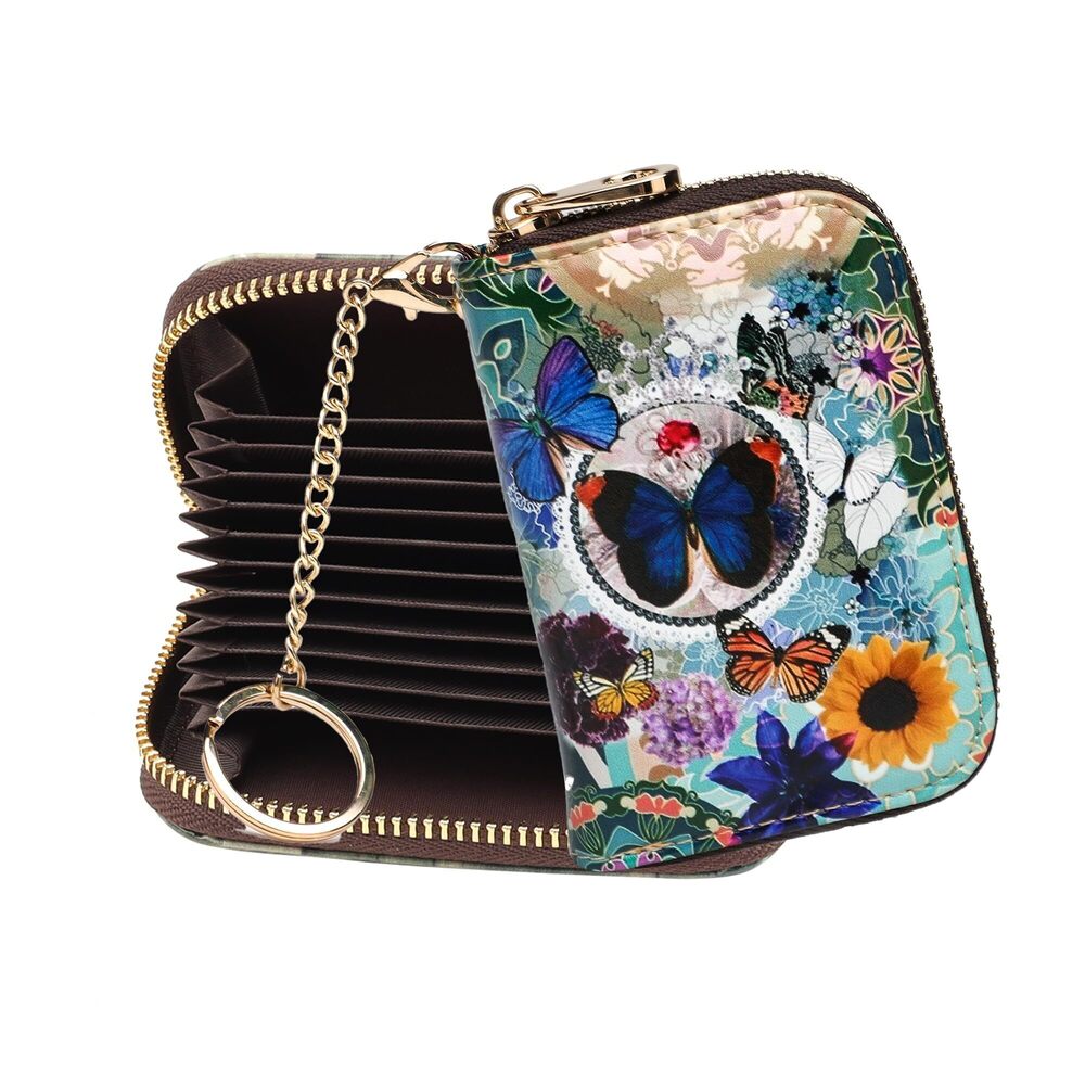 5664 RFID Credit Card Holder Wallets Leather Zipper Card Case Keychain